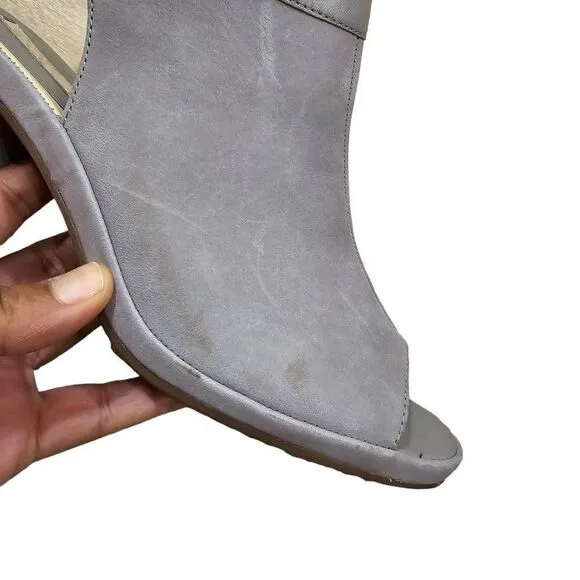 Ecco Sandals Shoes Women's Grey Size 38 Peep Toe Block Mid Heel Back Zipper