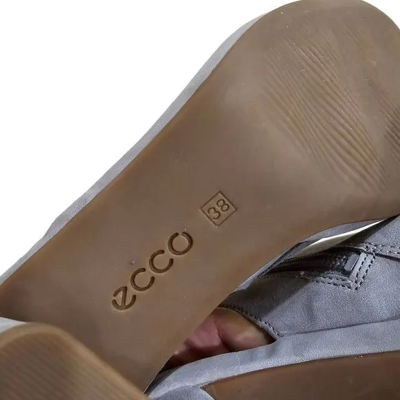 Ecco Sandals Shoes Women's Grey Size 38 Peep Toe Block Mid Heel Back Zipper