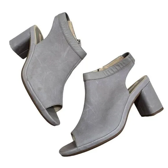 Ecco Sandals Shoes Women's Grey Size 38 Peep Toe Block Mid Heel Back Zipper