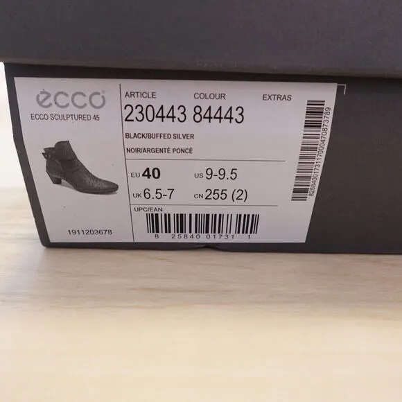 ECCO WOMEN'S EU 40 9 9.5 US BOOTS BOOTIES SCULPTURED 45 BLACK BUFFED SILVER NEW
