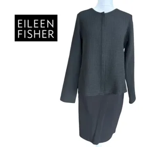 Eileen Fisher 2 Piece Knit Jet Black Waffle Knit Top Skirt suit Set Small Italy