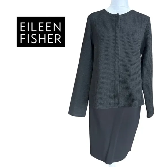 Eileen Fisher 2 Piece Knit Jet Black Waffle Knit Top Skirt suit Set Small Italy