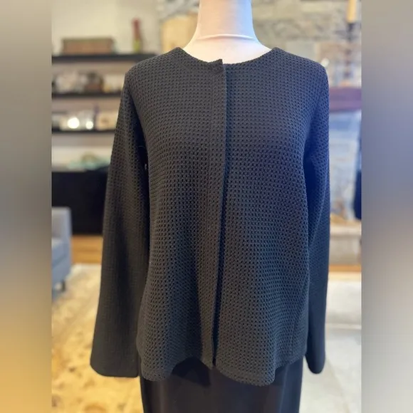 Eileen Fisher 2 Piece Knit Jet Black Waffle Knit Top Skirt suit Set Small Italy