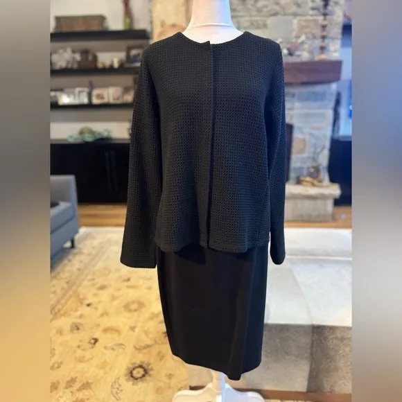 Eileen Fisher 2 Piece Knit Jet Black Waffle Knit Top Skirt suit Set Small Italy