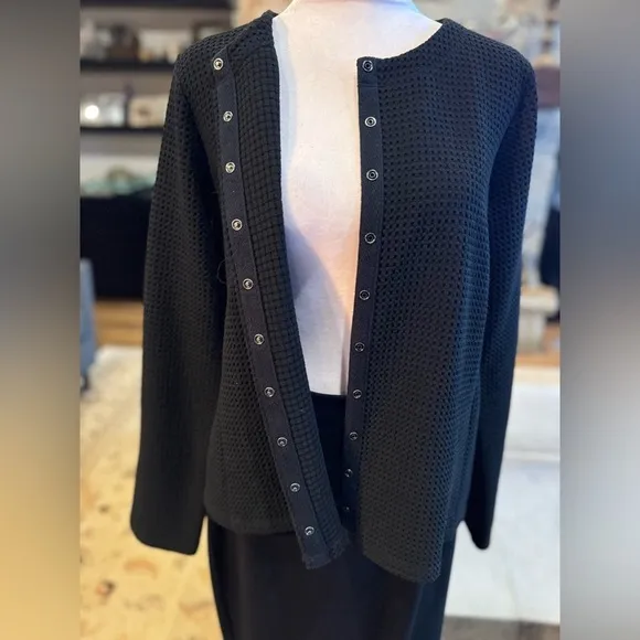 Eileen Fisher 2 Piece Knit Jet Black Waffle Knit Top Skirt suit Set Small Italy