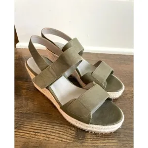 Eileen Fisher Espadrille Sage Green Leather Wedge Sandals Women Size 9.5