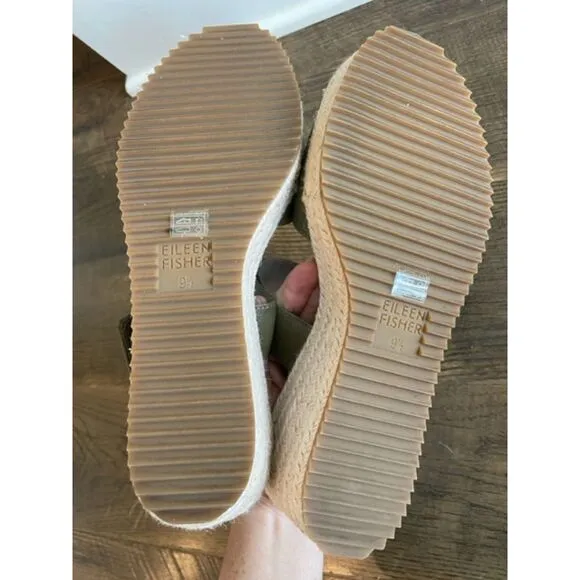 Eileen Fisher Espadrille Sage Green Leather Wedge Sandals Women Size 9.5
