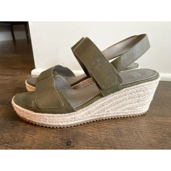 Eileen Fisher Espadrille Sage Green Leather Wedge Sandals Women Size 9.5