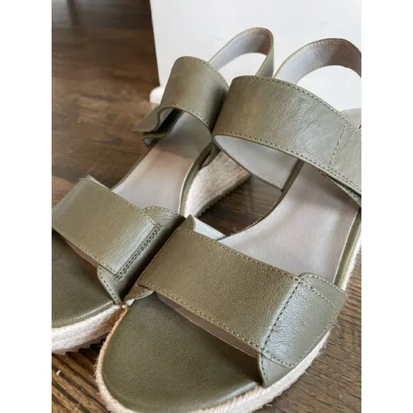 Eileen Fisher Espadrille Sage Green Leather Wedge Sandals Women Size 9.5