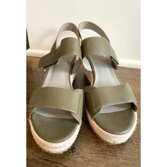 Eileen Fisher Espadrille Sage Green Leather Wedge Sandals Women Size 9.5