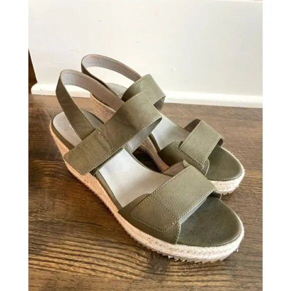 Eileen Fisher Espadrille Sage Green Leather Wedge Sandals Women Size 9.5