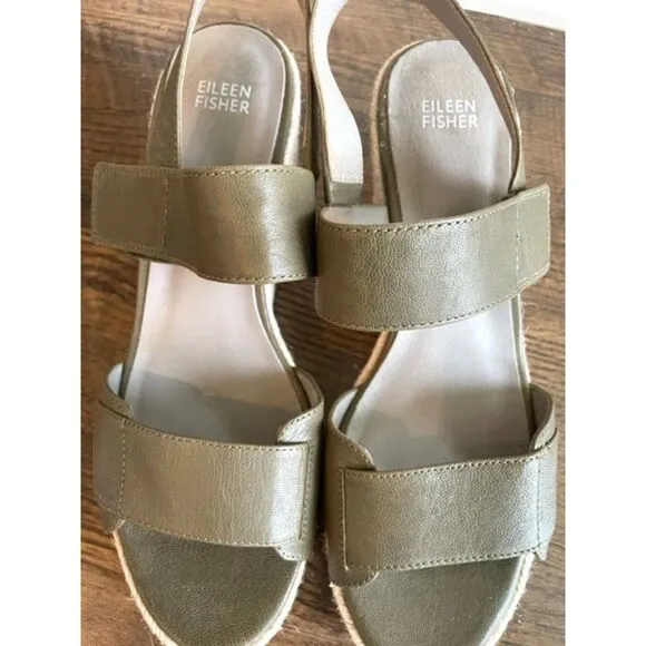 Eileen Fisher Espadrille Sage Green Leather Wedge Sandals Women Size 9.5