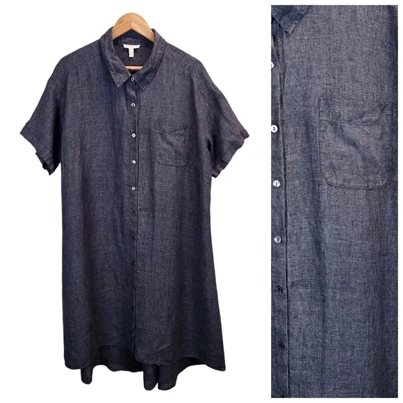 Eileen Fisher Washed Delave Linen Shirtdress Sz 1X Charcoal Gray Minimalist Chic