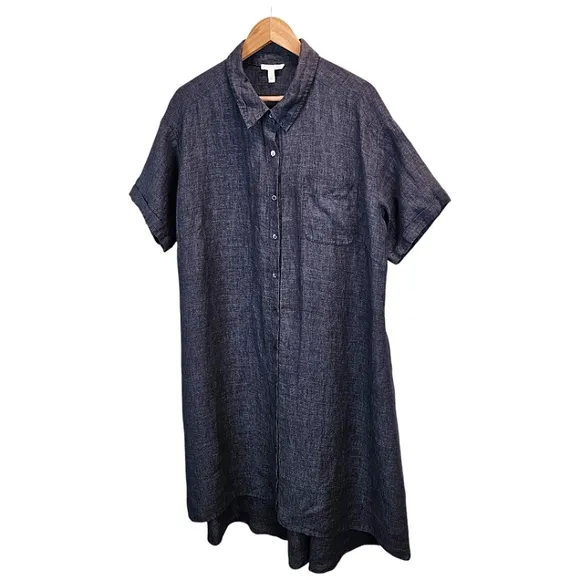 Eileen Fisher Washed Delave Linen Shirtdress Sz 1X Charcoal Gray Minimalist Chic
