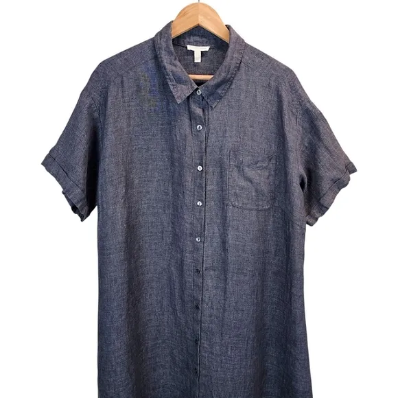 Eileen Fisher Washed Delave Linen Shirtdress Sz 1X Charcoal Gray Minimalist Chic