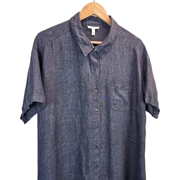 Eileen Fisher Washed Delave Linen Shirtdress Sz 1X Charcoal Gray Minimalist Chic