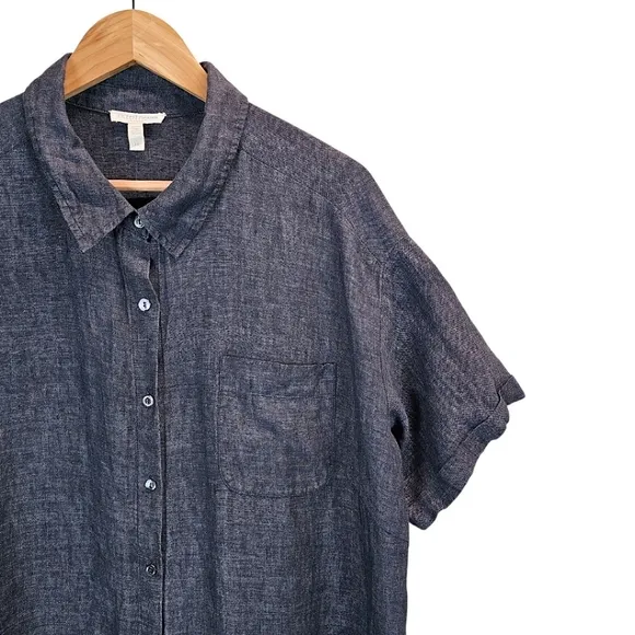Eileen Fisher Washed Delave Linen Shirtdress Sz 1X Charcoal Gray Minimalist Chic