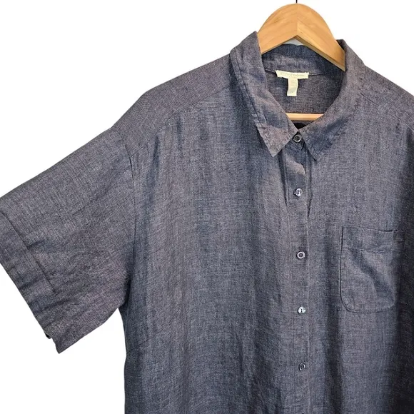 Eileen Fisher Washed Delave Linen Shirtdress Sz 1X Charcoal Gray Minimalist Chic