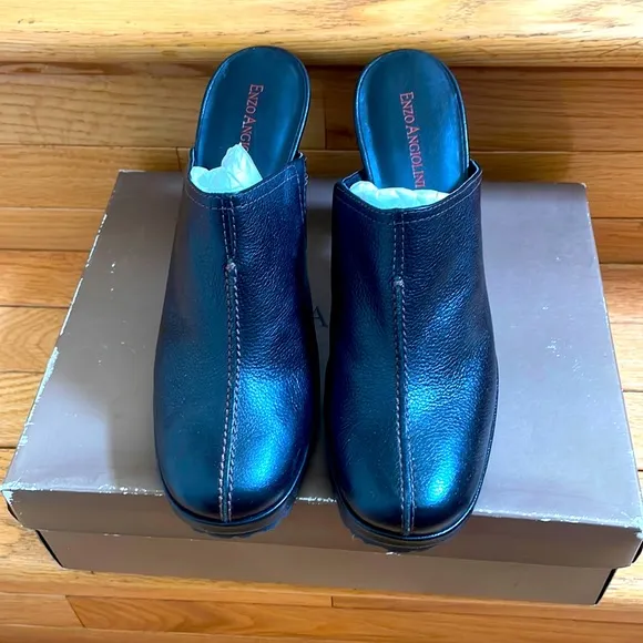 Enzo Angiolini Black Leather Block Heels Clogs Slip-Ons Slider Size 8.5