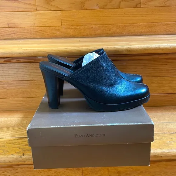 Enzo Angiolini Black Leather Block Heels Clogs Slip-Ons Slider Size 8.5