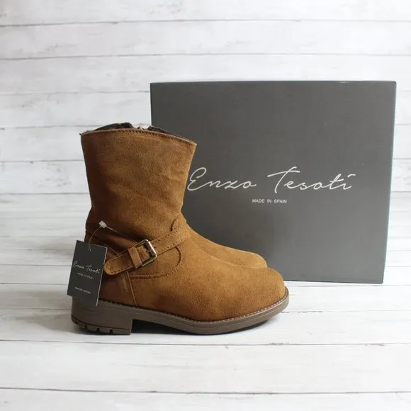 Enzo Tesoti Girl Kid Size 12 Brown Genuine Suede Leather Boots Fur Lined