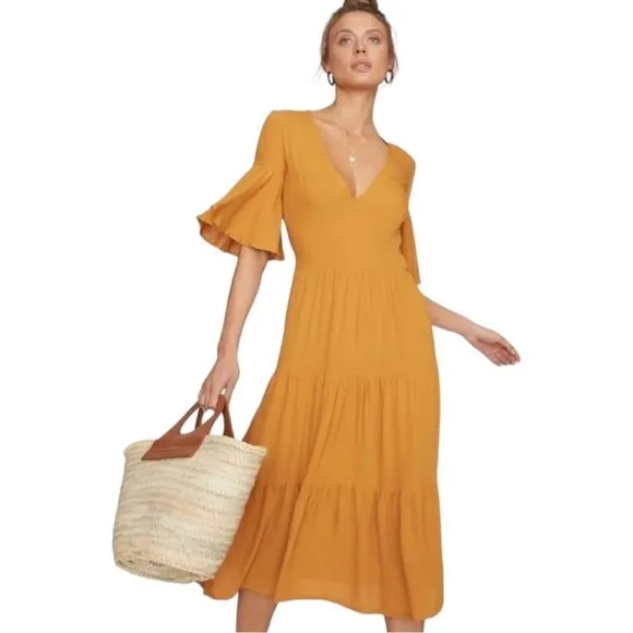 Faithful The Brand Melia Butterscotch Tiered Midi Dress Size XS/US 2