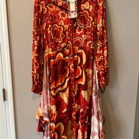 Farm Rio Long-Sleeve V-Neck Floral Midi Shirt Dress | Fall Boho Style Size S NWT