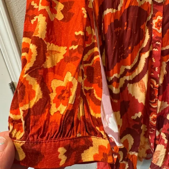 Farm Rio Long-Sleeve V-Neck Floral Midi Shirt Dress | Fall Boho Style Size S NWT