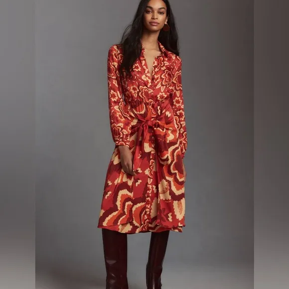 Farm Rio Long-Sleeve V-Neck Floral Midi Shirt Dress | Fall Boho Style Size S NWT