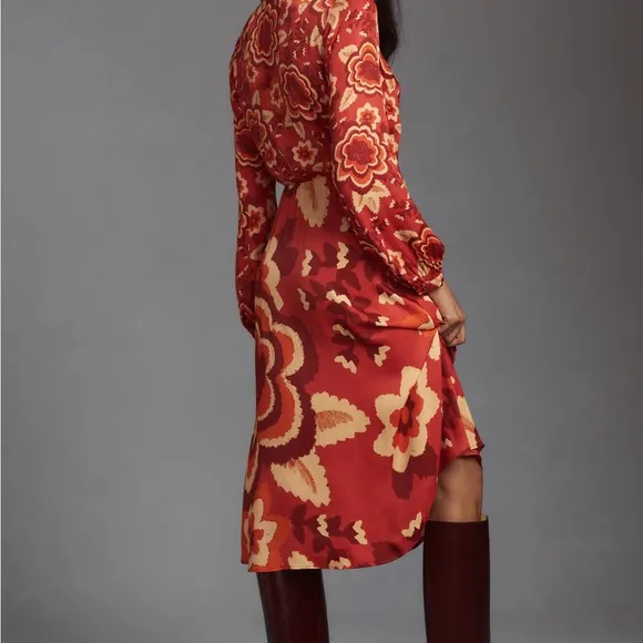 Farm Rio Long-Sleeve V-Neck Floral Midi Shirt Dress | Fall Boho Style Size S NWT