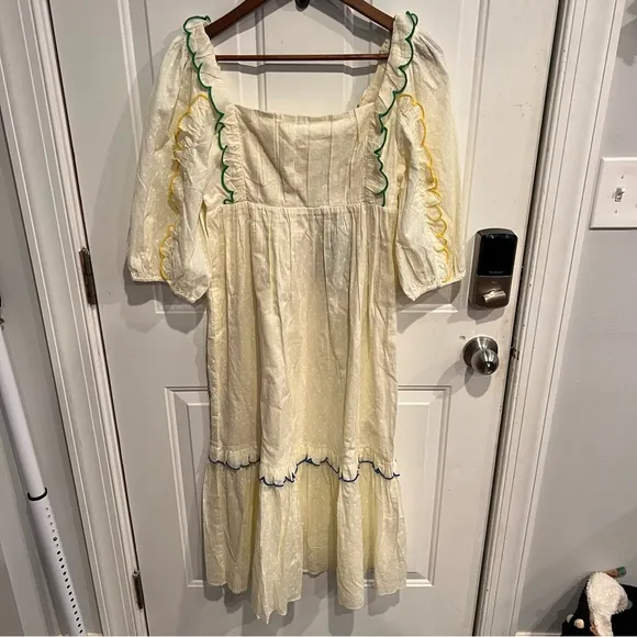 FARM RIO Off-White Textured Puff Sleeve Midi Dress Boho