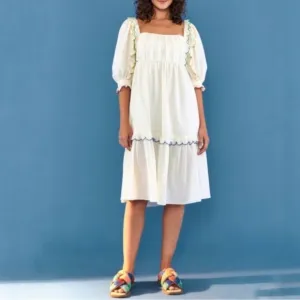 FARM RIO Off-White Textured Puff Sleeve Midi Dress Boho