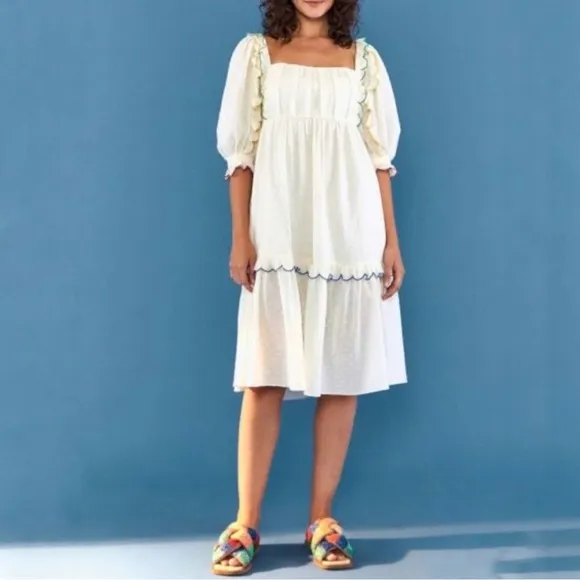 FARM RIO Off-White Textured Puff Sleeve Midi Dress Boho
