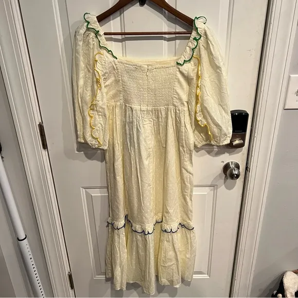 FARM RIO Off-White Textured Puff Sleeve Midi Dress Boho