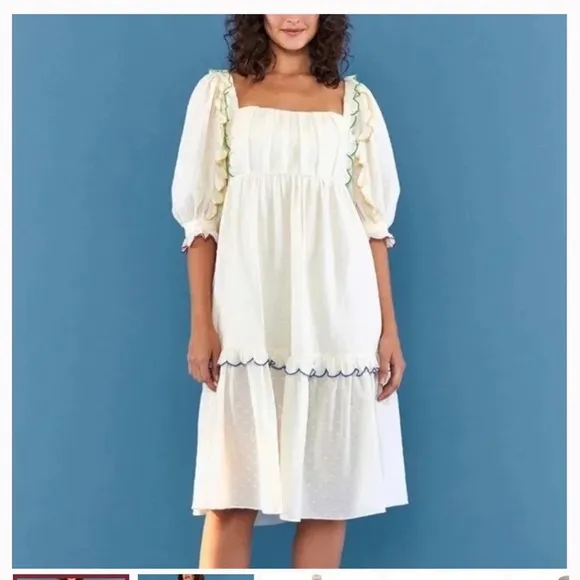 ✅Farm RIO Off-White Textured Puff Sleeve Midi Dress NWT S Pleated Front Neckline