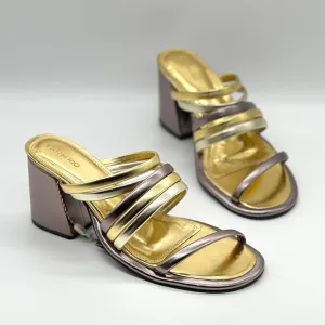 FARM RIO Sandal Womens 9 Metallic Gold Pewter Strappy Block Heel Slip On Shoes