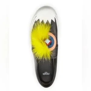Fendi Bug Black and Yellow Fur Slip-On Shoes
