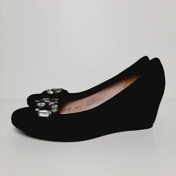 FERCA 81 Italy Jeweled Gem Suede Wedges Heels Black Shoes Sz 8.5 / Eur 39