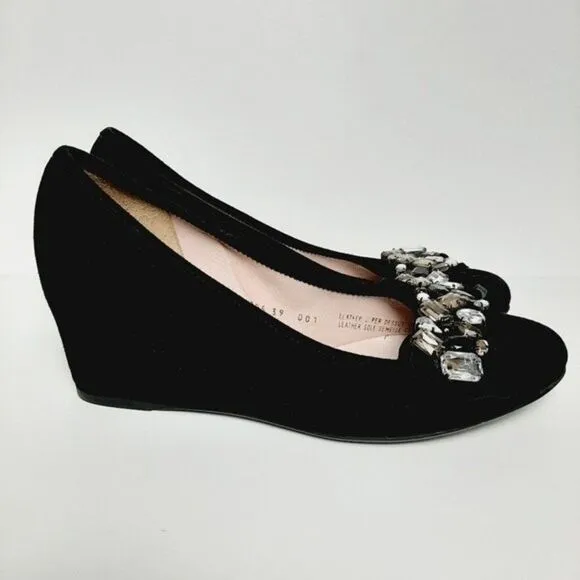 FERCA 81 Italy Jeweled Gem Suede Wedges Heels Black Shoes Sz 8.5 / Eur 39