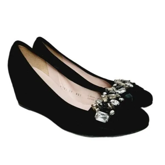 FERCA 81 Italy Jeweled Gem Suede Wedges Heels Black Shoes Sz 8.5 / Eur 39