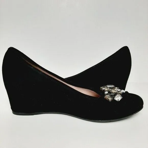 FERCA 81 Italy Jeweled Gem Suede Wedges Heels Black Shoes Sz 8.5 / Eur 39