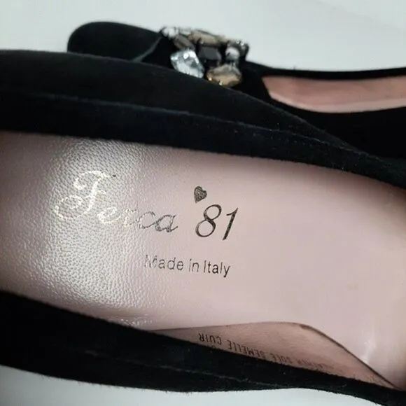 FERCA 81 Italy Jeweled Gem Suede Wedges Heels Black Shoes Sz 8.5 / Eur 39