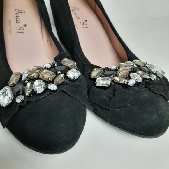 FERCA 81 Italy Jeweled Gem Suede Wedges Heels Black Shoes Sz 8.5 / Eur 39