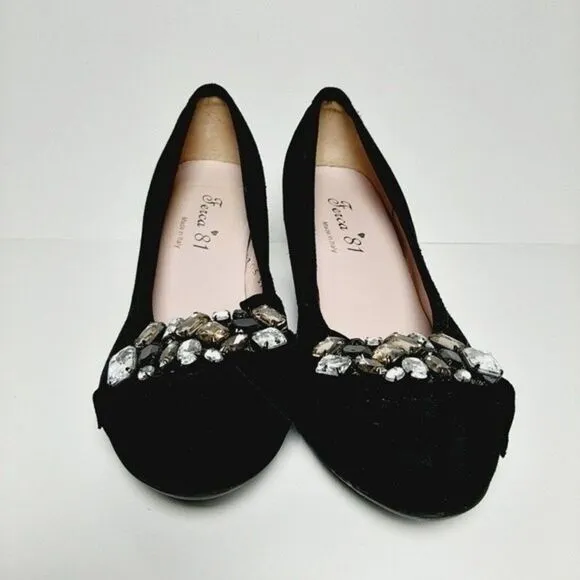 FERCA 81 Italy Jeweled Gem Suede Wedges Heels Black Shoes Sz 8.5 / Eur 39