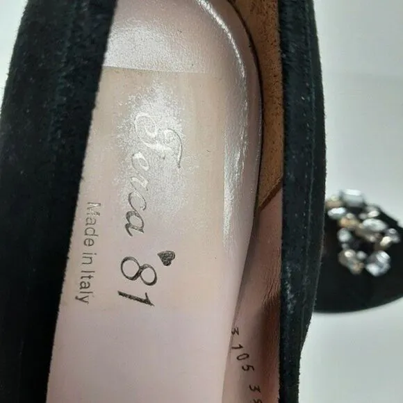 FERCA 81 Italy Jeweled Gem Suede Wedges Heels Black Shoes Sz 8.5 / Eur 39