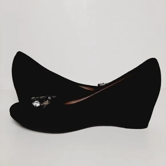 FERCA 81 Italy Jeweled Gem Suede Wedges Heels Black Shoes Sz 8.5 / Eur 39