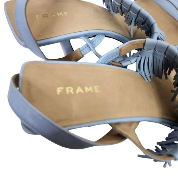 FRAME Shoes Womens 38.5 US 8 Blue Le Borrego Leather Slingback Sandals Fringe