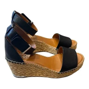 Franco Sarto Clemens Raffia Espadrille Wedge Black leather Sandals Size 7.5