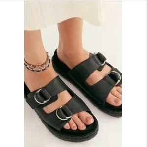 Free People Black Leather Panama Footbed Sandals