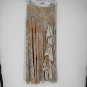 Free People Gardenia Maxi Skirt 4 Ruffle Slit Silky Earthy Tan Splatter Print